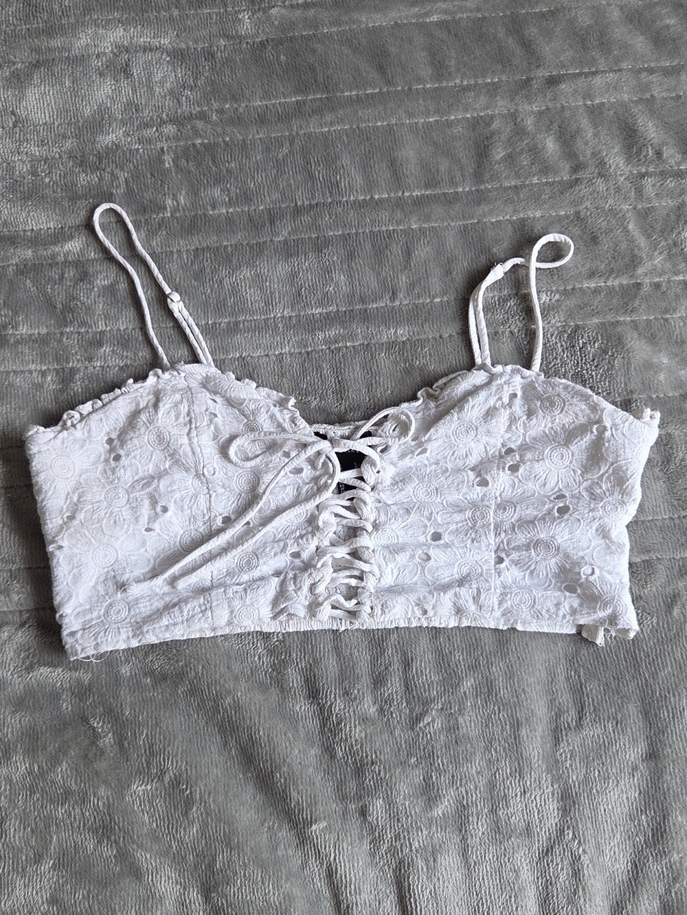 White Eyelet Lace Lace-Up Crop Cami